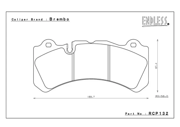 Тормозные колодки Endless RCP132X72  для Brembo® GT6 Callipers Wide Rotors (58mm pad depth) Brembo Pad # 07.9551.13 передние фото 1